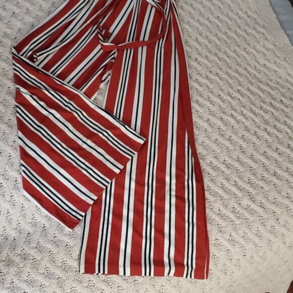 BERSHKA Europe Striped V neck Tie Waist Wide Leg Jumpsuit - Picture 7 of 16